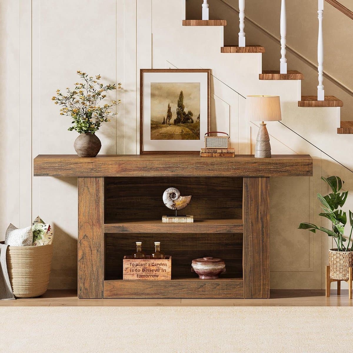 Luxe Landelijke Console Tafel 160x30x80 cm met 3 Opbergplanken – Smalle Haltafel / Sidetable voor Entree, Woonkamer en Achter Bank – Rustiek Bruin Houtdesign