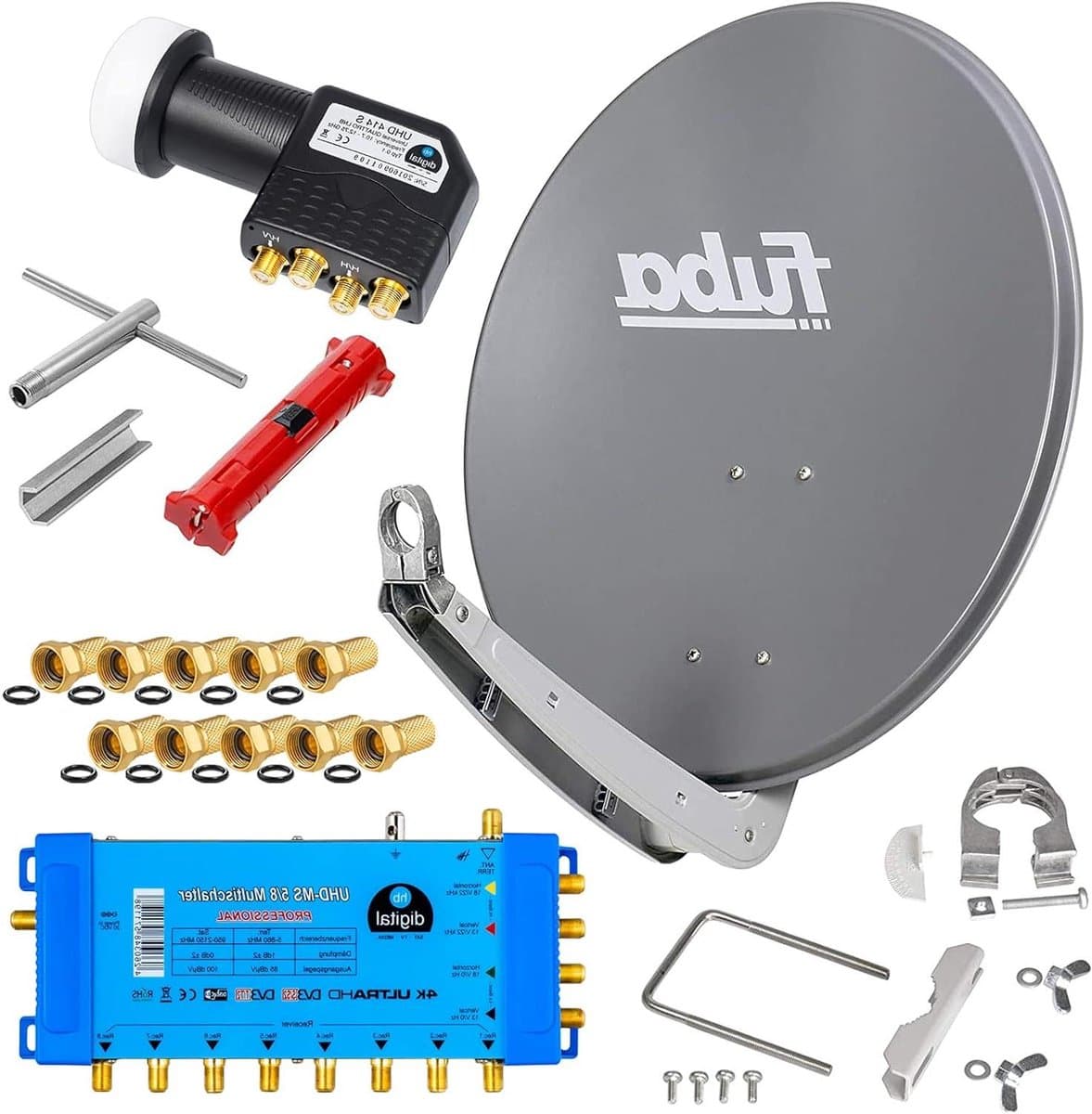 SAT Antenne Set - Schotelantenne Digitale Ontvangst - Meerdere Televisies - Volledig Aluminium Schotel - 65 cm - Antraciet