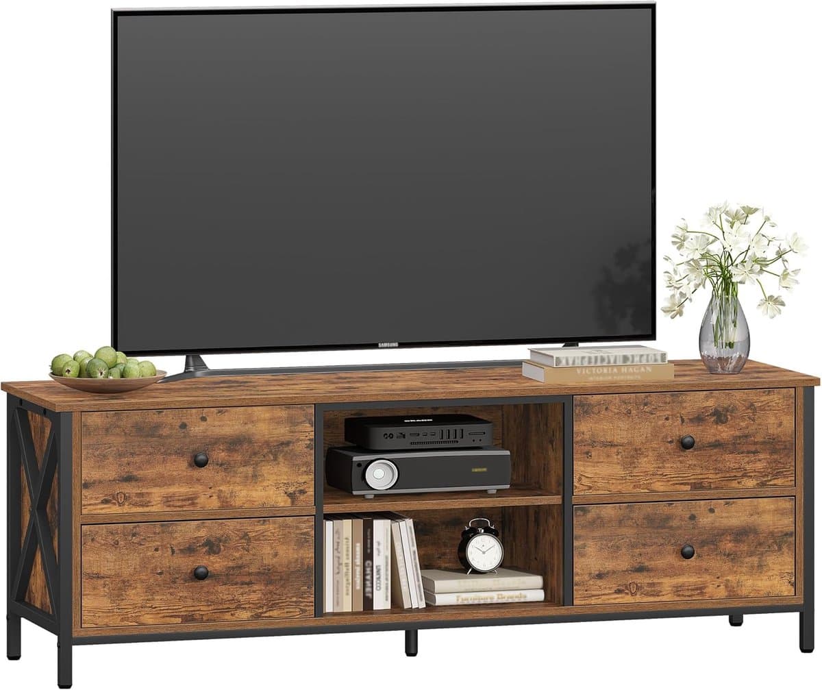 Rustiek Industrieel TV-Meubel 147 cm met 4 Lades en Open Vakken – Vintage Bruin 40 x 147 x 50 cm – TV Kast voor 50–65 inch TV