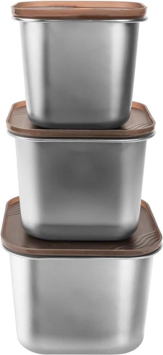 Voedselopslagcontainers set - maaltijdbereiding - stapelbaar - roestvrij staal - deksels - vriezer tot ovenbestendig - geschikt voor 3 stuks - zilverkleurig