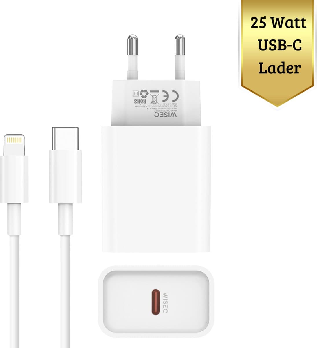 Oplader met oplaadkabel geschikt voor Lightning – Snellader met 2 Meter geschikt voor USB-C naar Lightning 25W iPhone 14 / 14 Pro / 14 Pro Max / iPhone 13 en iPhone 12 – Originele WiseQ Oplader