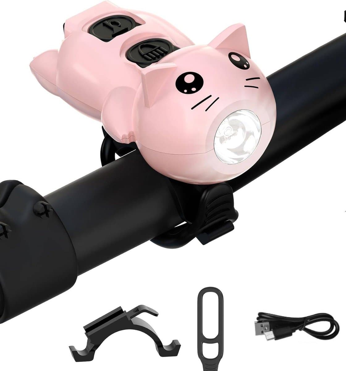 Elektrische scooterlamp, USB-opladen, LED-indicator met luidspreker, drie lichtstanden, waterdicht, geschikt voor scooters en kinderwagens, roze.