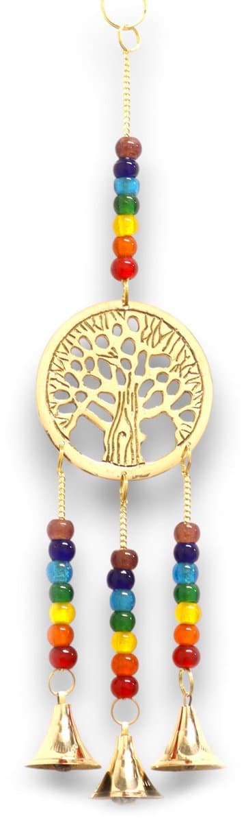Ancient Wisdom - Decoratief beeld - Indiase klokkenspel messing levensboom met chakra-kralen 3 bellen 6,5 x 31 cm - wanddecoratie - interieuraccessoire - cadeau - oosterse kunst - klankspel