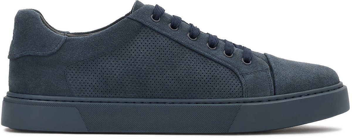 Navy blue suede men's sneakers with perforated upper