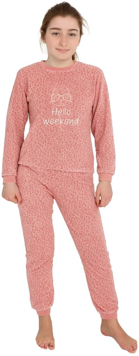 Cocodream velours meisjes pyjama - Hello Weekend - Warme winter pyjama - 152 - Roze