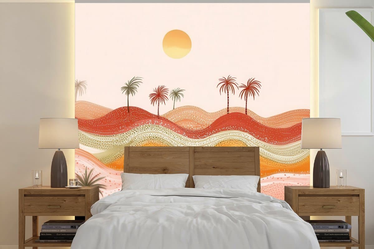 Behang - Fotobehang Abstract landschap - Palmbomen - Kleurrijk - Breedte 350 cm x hoogte 350 cm
