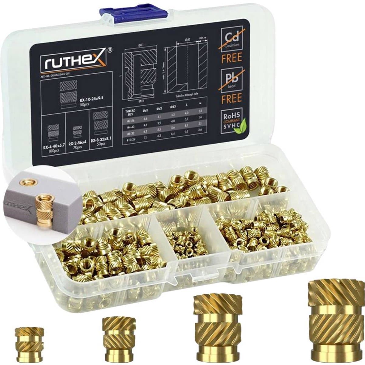 ruthex Schroefdraadinzet #2-56/#4-40/#8-32/#10-24 UNC GE-KASTEN-U-001