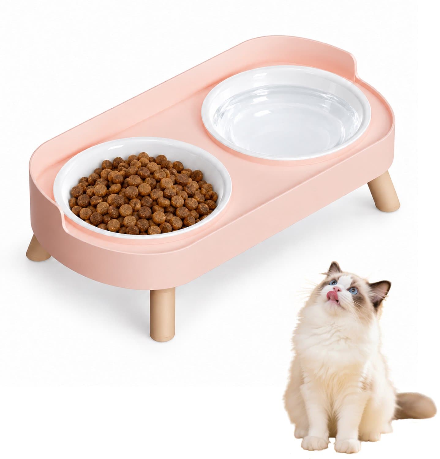 Verhoogde Voerbak voor Huisdieren met Dubbele Plastic Schalen en Standaard - Spatbestendig - voor Voer en Water - Geschikt voor Katten, Honden, Kittens en Puppy's - Roze