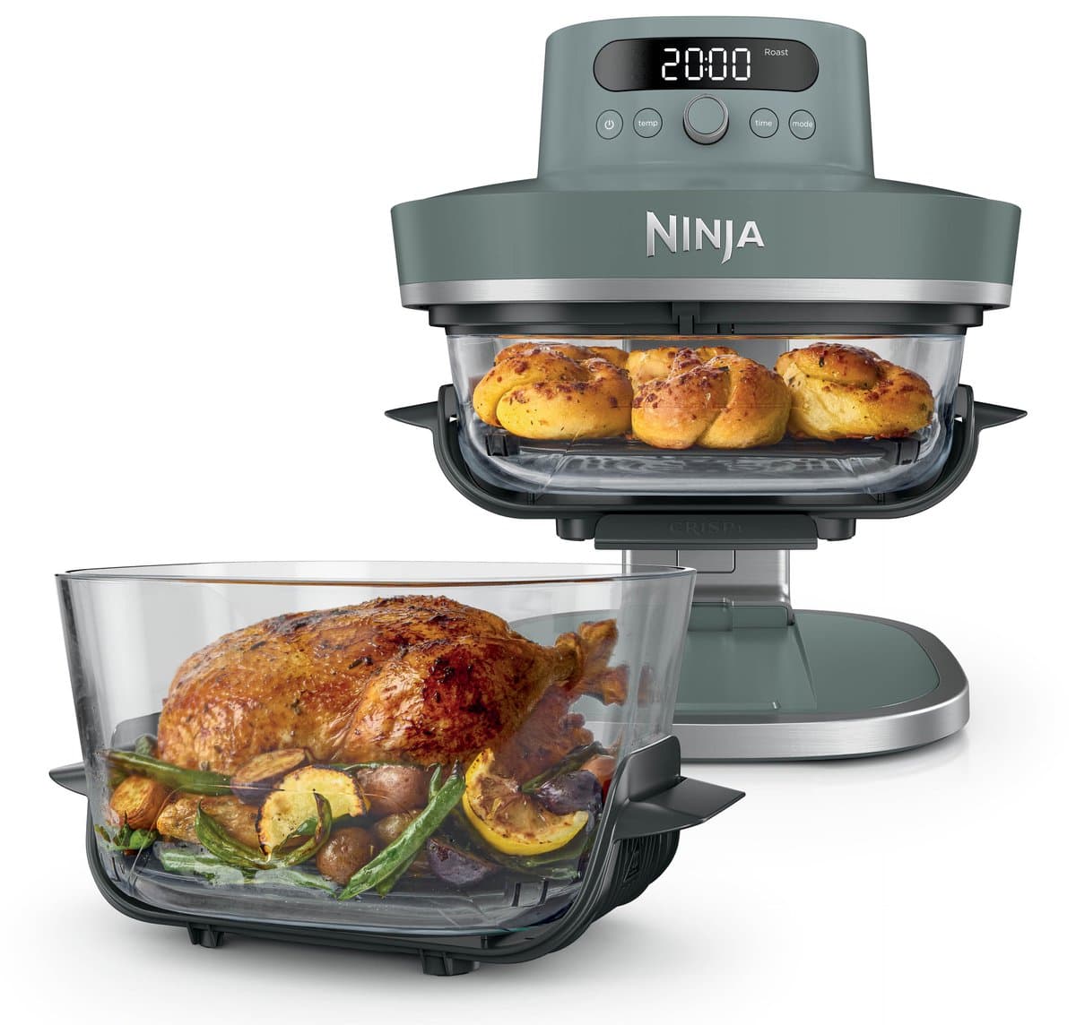 Ninja CRISPi PRO 7-in-1 Glazen Airfryer met 7 functies - Airfryen, Bakken, Braden, Rijzen, Drogen. Max Crisp en Opnieuw krokant maken - 2.3 liter en 5.7 liter glazen schaal - PFAS vrij koken - Grijsgroen - AS101EUGY