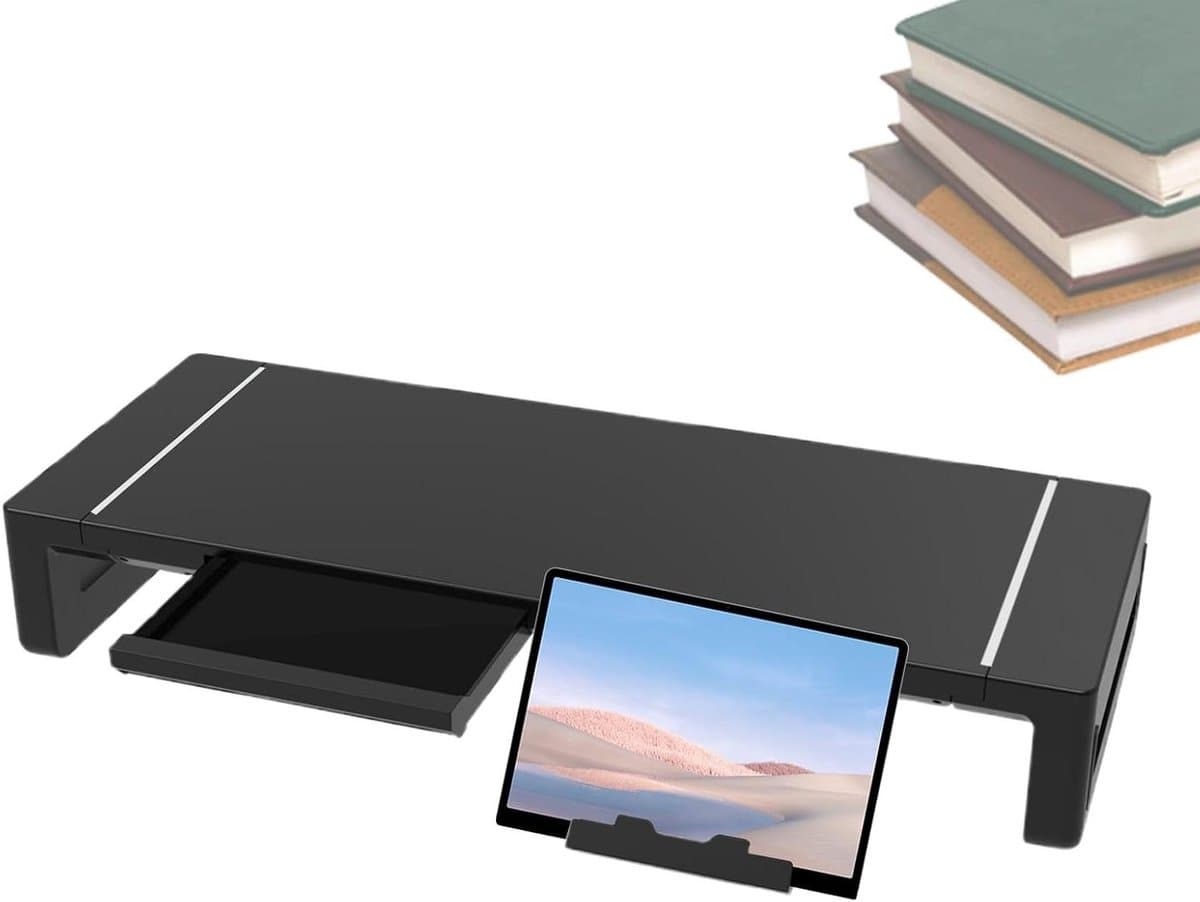 Monitor Verhoger - Bureau Plank - Werkplek Organiseren - Met Lade en USB - 52 cm Breed - Wit