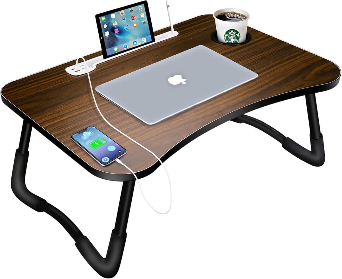 Laptop Tafel - Bedtafel Inklapbaar - Werken en Lezen - Met 4 USB Poorten - 60x40cm - Bruin