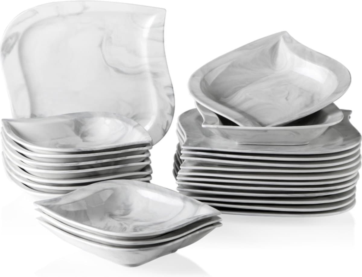 Serviesset 12 Persoons Marmer - Marmer, Porselein en 24 Delig - Voor Diner, Keuken, Dagelijks Gebruik en Ontbijt