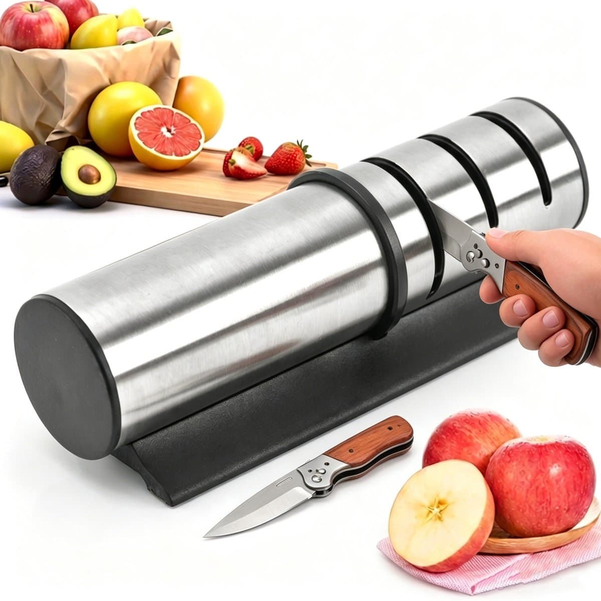 Fokelyi - 3-in-1 Professionele Messenslijper – Anti Slip Knife Sharpener – Doortrekslijper – Aanzetstaal – Schaarslijper en 3-Traps Messen Slijper in één – RVS