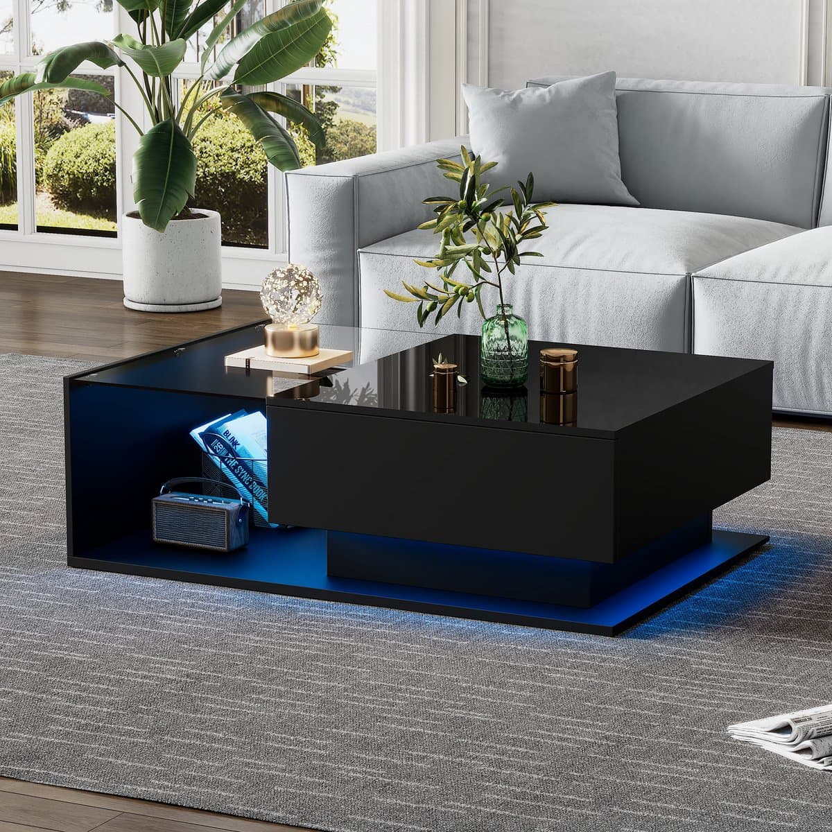 VUENOR Salontafel 100x50x32 cm – hoogglans zwart met glasplaat, 1 lade en LED-verlichting