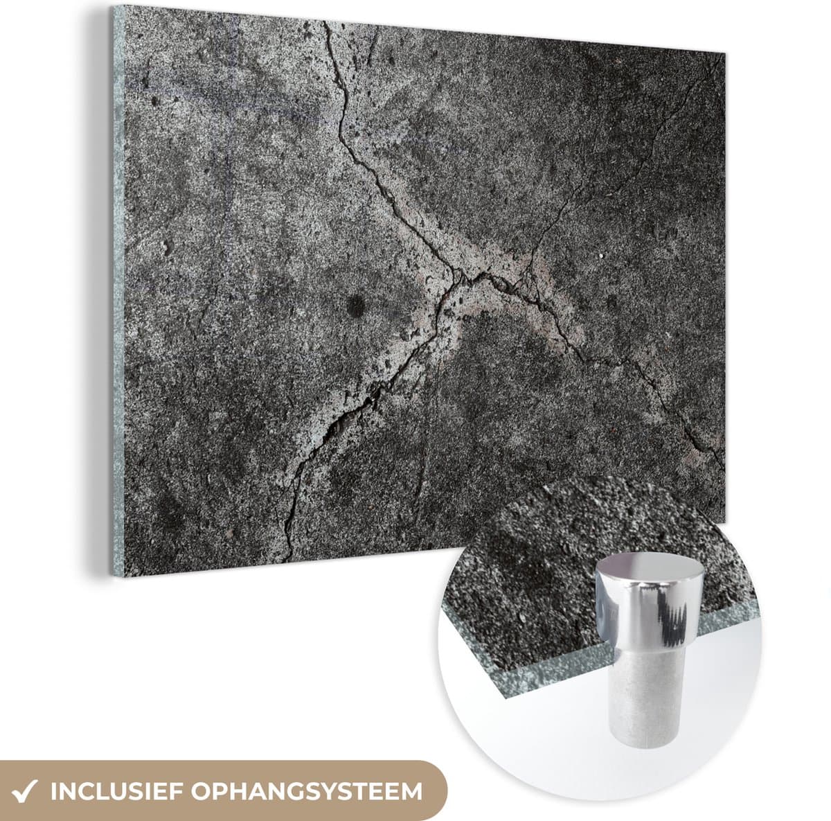 Glasschilderij zwart wit - Beton - Zwart - Wit - Steen - 90x60 cm - Schilderij glas - Decoratie slaapkamer