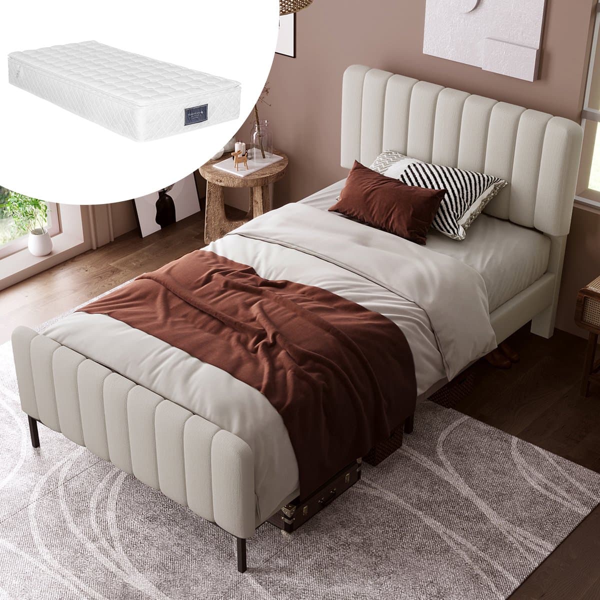 OKWISH Gestoffeerd Bed 90x200 - Bedbodem Met Massief Houten Frame En Verstelbaar Hoofdeinde - Beige