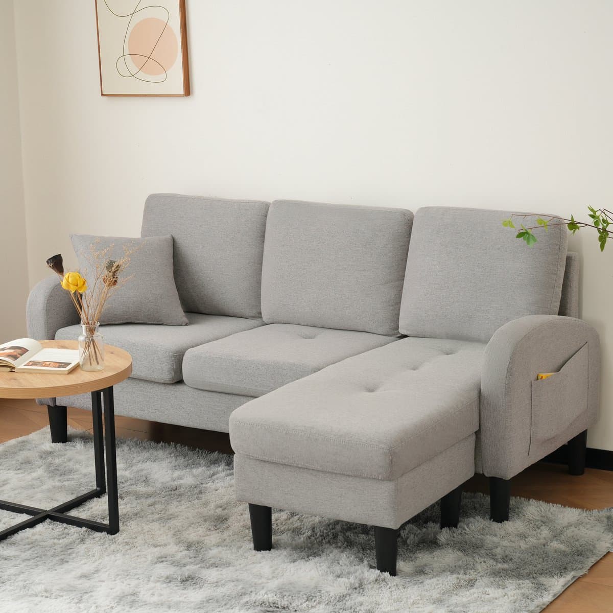 STILVORA Hoekbank - L-vormig met Chaise Longue - 3-Zits Bank - Modern Modulaire Ontwerp - Perfect Voor Woonkamers, Appartementen en Kantoor - Grijs
