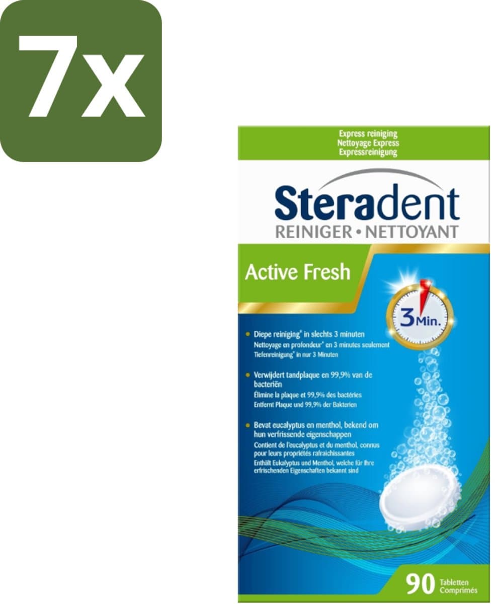 Steradent - Kunstgebitreiniger - Active Fresh - Menthol En Eucalyptus - 90 Tabletten - Bulkverpakking - 7 stuks
