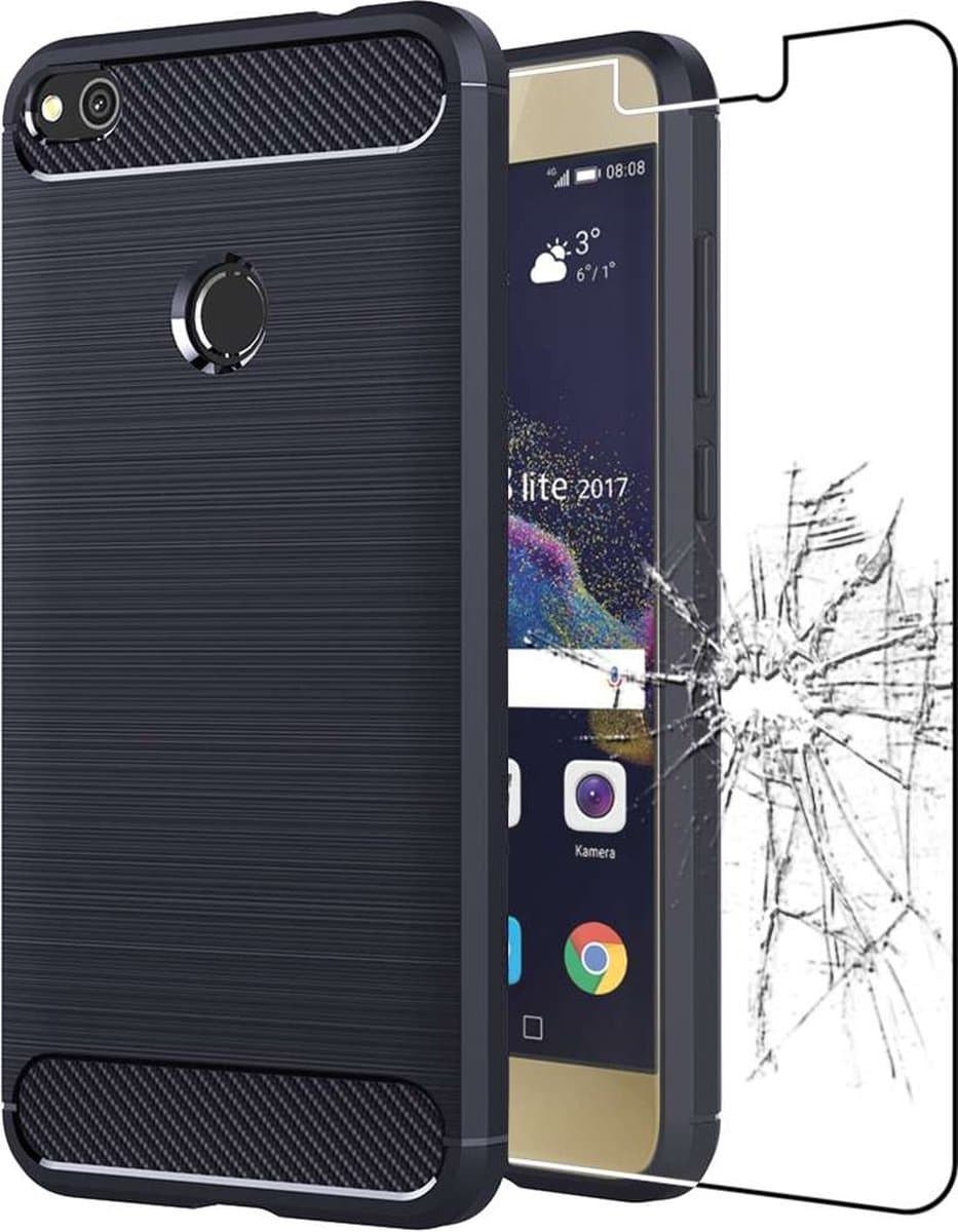 ebestStar - Hoes geschikt voor Huawei P8 Lite (2017), TPU Bescherming Cover, Koolstof Design Hoesje, Donkerblauw + Gehard Glas