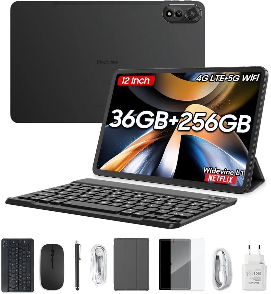 Blackview Mega2, 12 inch, 2K Display, FHD-tablet, 2025, 36 (12+24) GB RAM + 256 GB ROM (uitbreidbaar tot 2 TB), Dual 4G, 5G WiFi, 9000 mAh, Android 15, Widevine L1