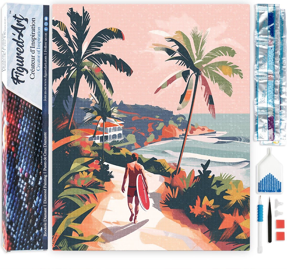 Figured'Art Diamond Painting set Volwassenen 40x50 cm Kustwandeling - 5D DIY Art full drill vierkante diamant - Opgerold canvas