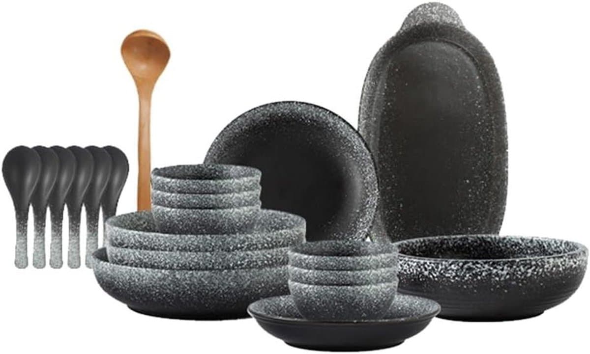 Serviesset Keramiek - Dinerset 20-delig - Gezellig Tafelen - Vaatwasser Ovenbestendig - 20 Stuks - Zwart