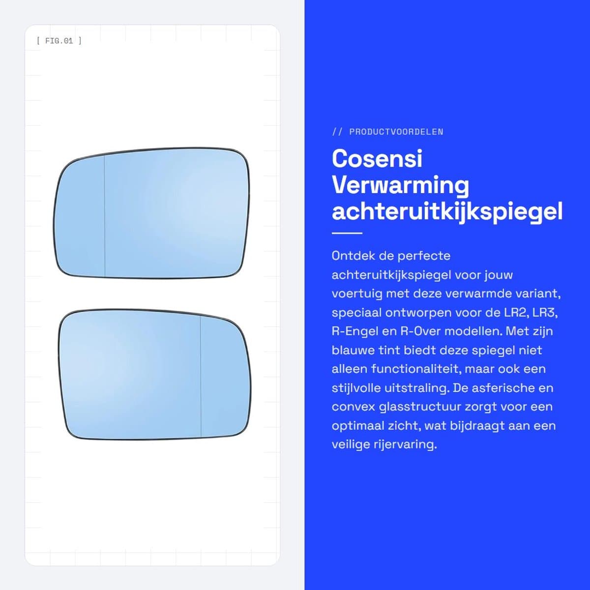 Dailygoods- Achteruitkijkspiegel Glas Verwarmd - Links/Rechts - Asferisch/Convex - Blauw Getint - 190 x 140 mm - Clip-On Bevestiging - Spiegelglas