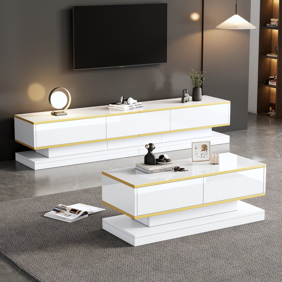 MIVRAY Meubelset - Tv Meubel En Salontafel Met Laden - Voor Woonkamer - Spaanplaat Hoogglans Warmwit Met Gouden Rand