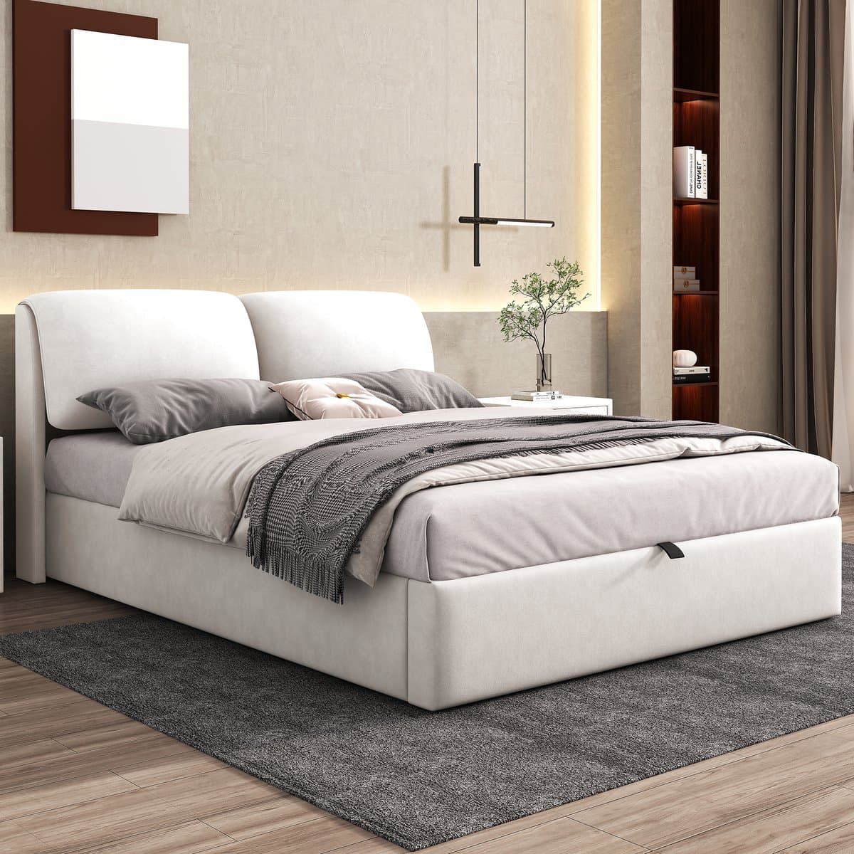 Wishdor Gestoffeerd Opbergbed - 140x200 cm - Hydraulische Bedkist En Drie Lades - Met Verstelbaar Hoofdbord - Fluweel - Beige