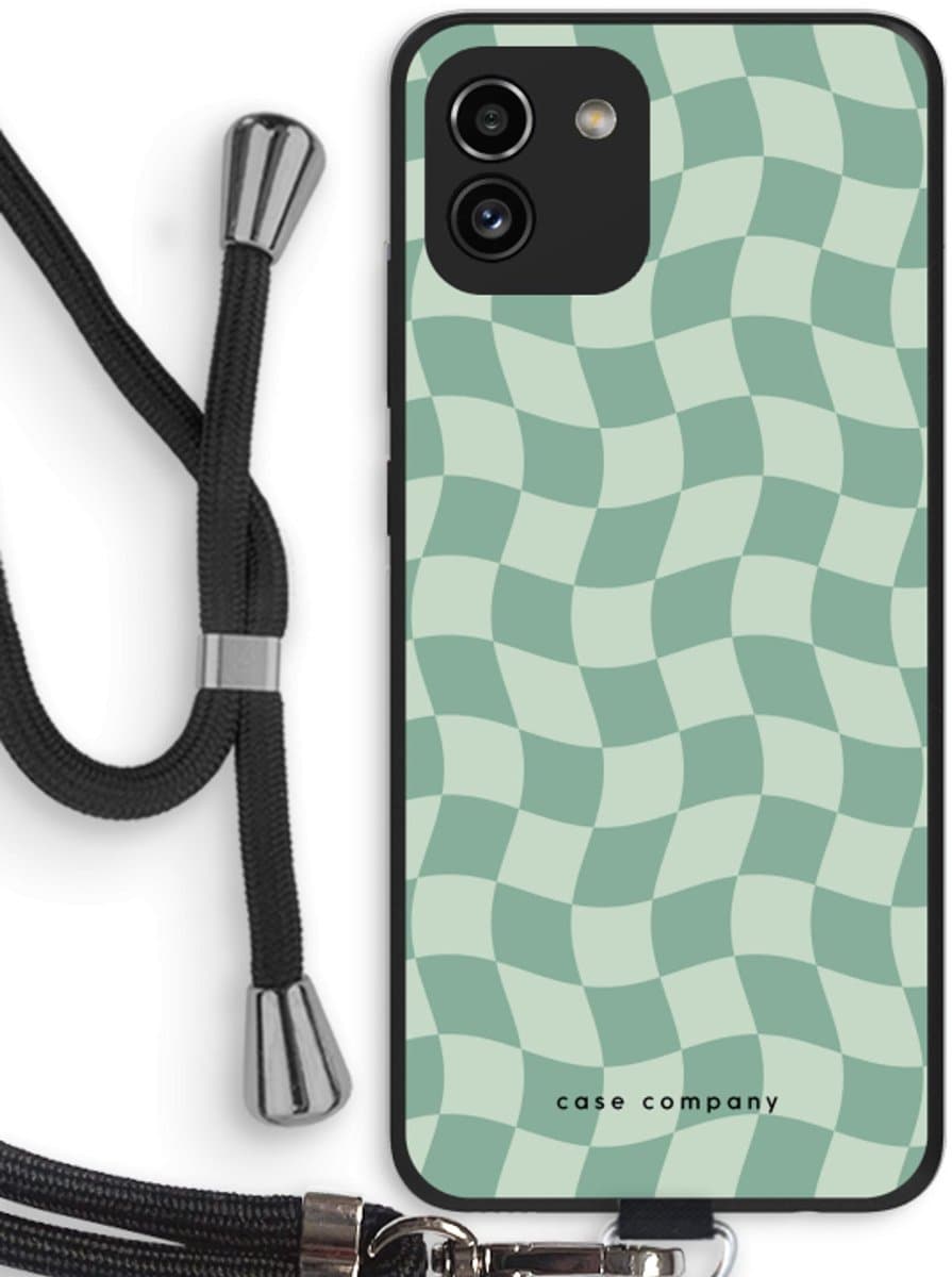 Case Company® - Hoesje met koord geschikt voor Samsung Galaxy A03 hoesje met Koord - Grid Groen - Telefoonhoesje met Zwart Koord - Bescherming aan alle Kanten en Over de Schermrand