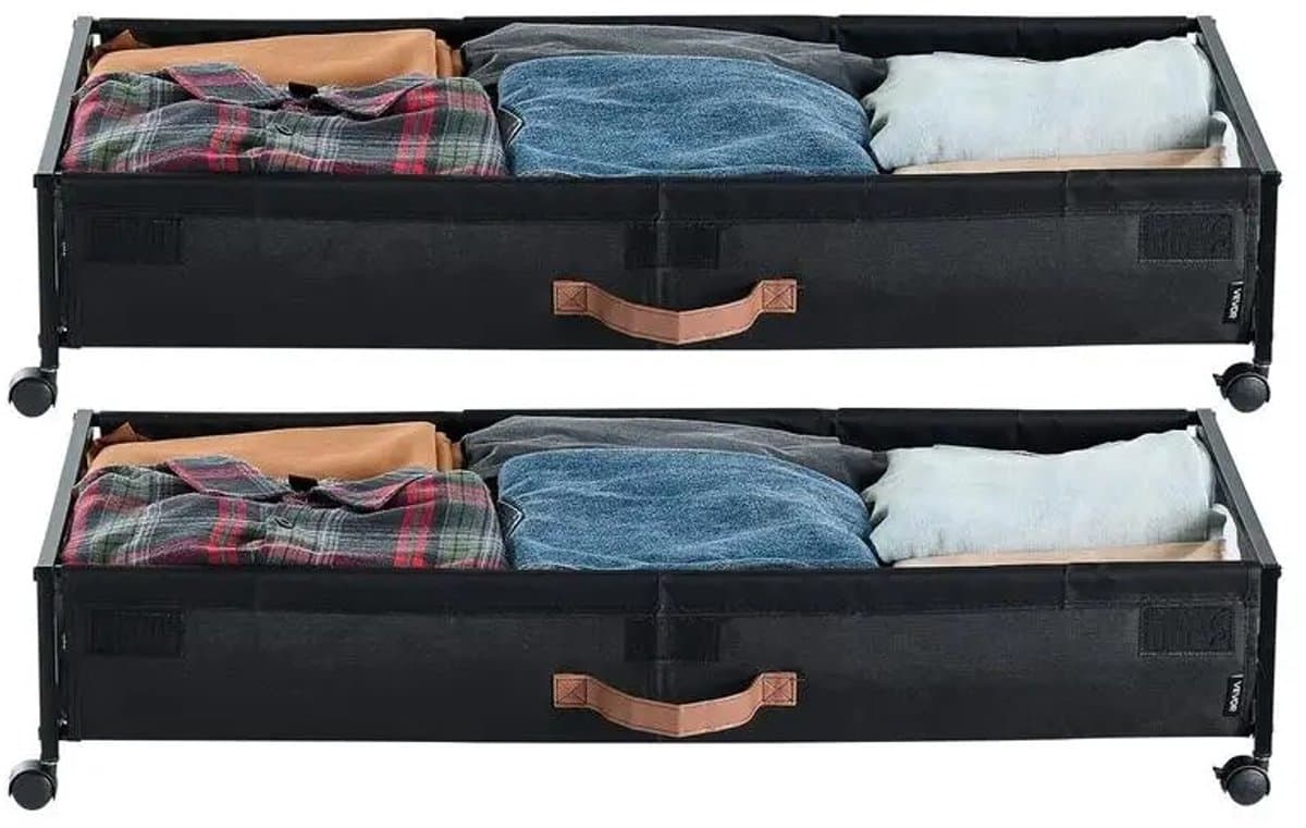 Linkforu - Opbergboxen voor onder Bed - Verstelbaar 20 tot 30 cm - op Wielen - met Laden - met Deksel – 2 Stuks – 72 Ltr.