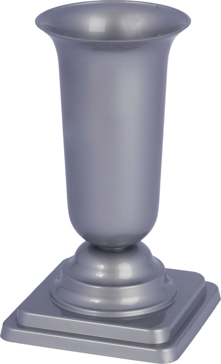 Form Plastic Grafvaas - kunststof - zilver - H34 cm - decoratie - bloemenvaas voor op een herdenkingsplaats/kerkhof - op sokkel