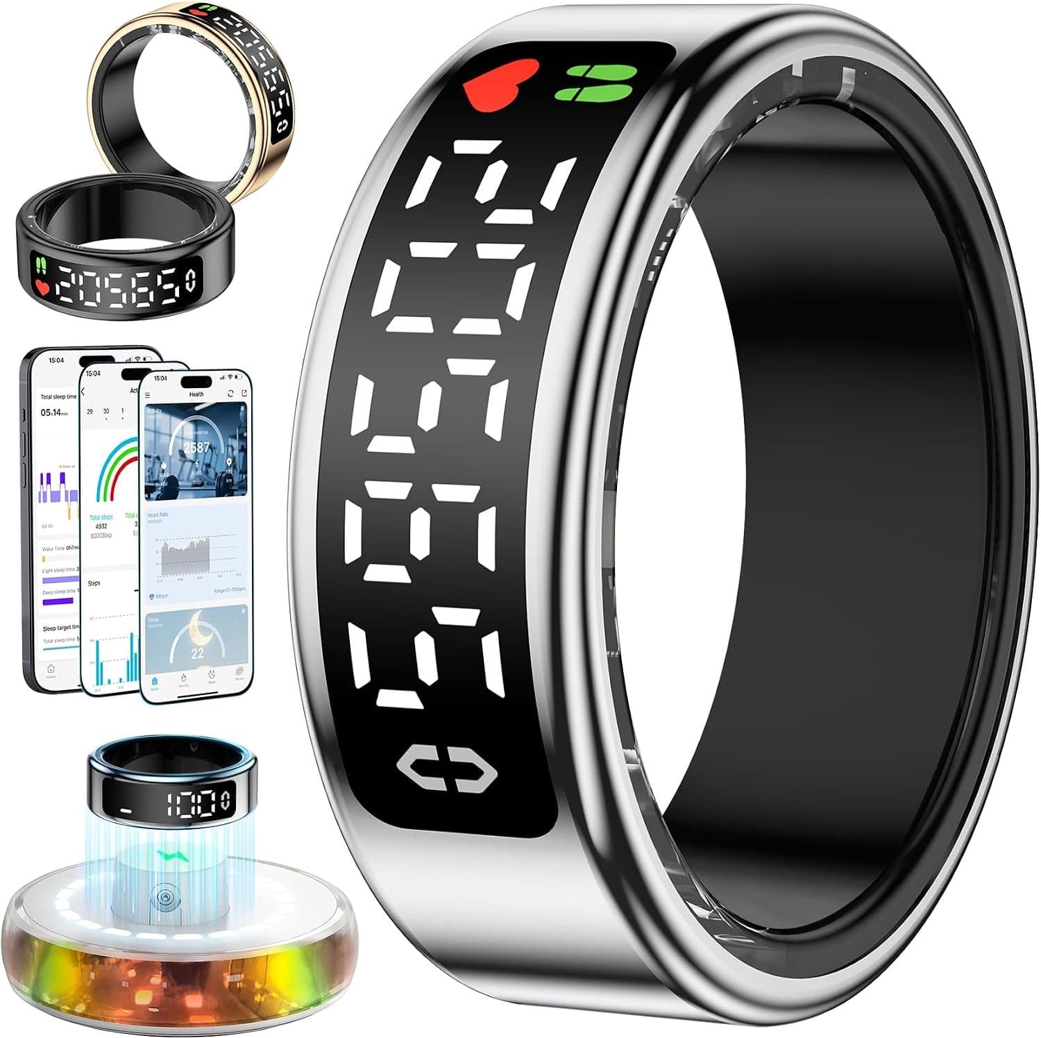 2025 Slimme Ring voor Mannen Vrouwen, Fitness Tracker Ring IP68 Waterdicht, Gezondheid Slaap Tracker Ringen met LED Scherm Compatibel iOS/Android/Activiteit/Hartslag/SpO2/Slaap/Stress