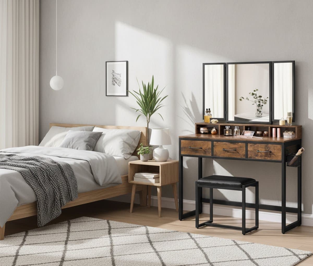 Make-up en Kaptafel Set met 3 Laden, Driespiegel en Gestoffeerde Kruk 90x40x141 cm, Haardrogerhouder, Opbergvakken – Industriële Stijl Rustiek Bruin/Zwart – Altameubel