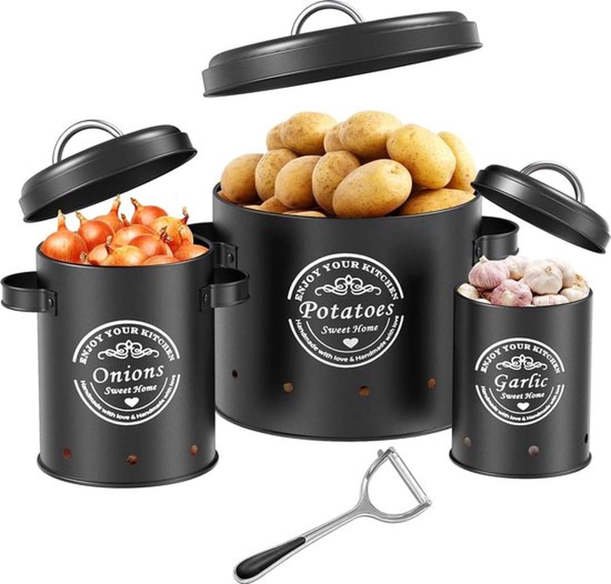 Aardappelopbergdoos, uienopslag, uienpot, voorraaddozen, grote voorraaddozen van metaal, keuken, kan aardappelen lange tijd bewaren (zwart)