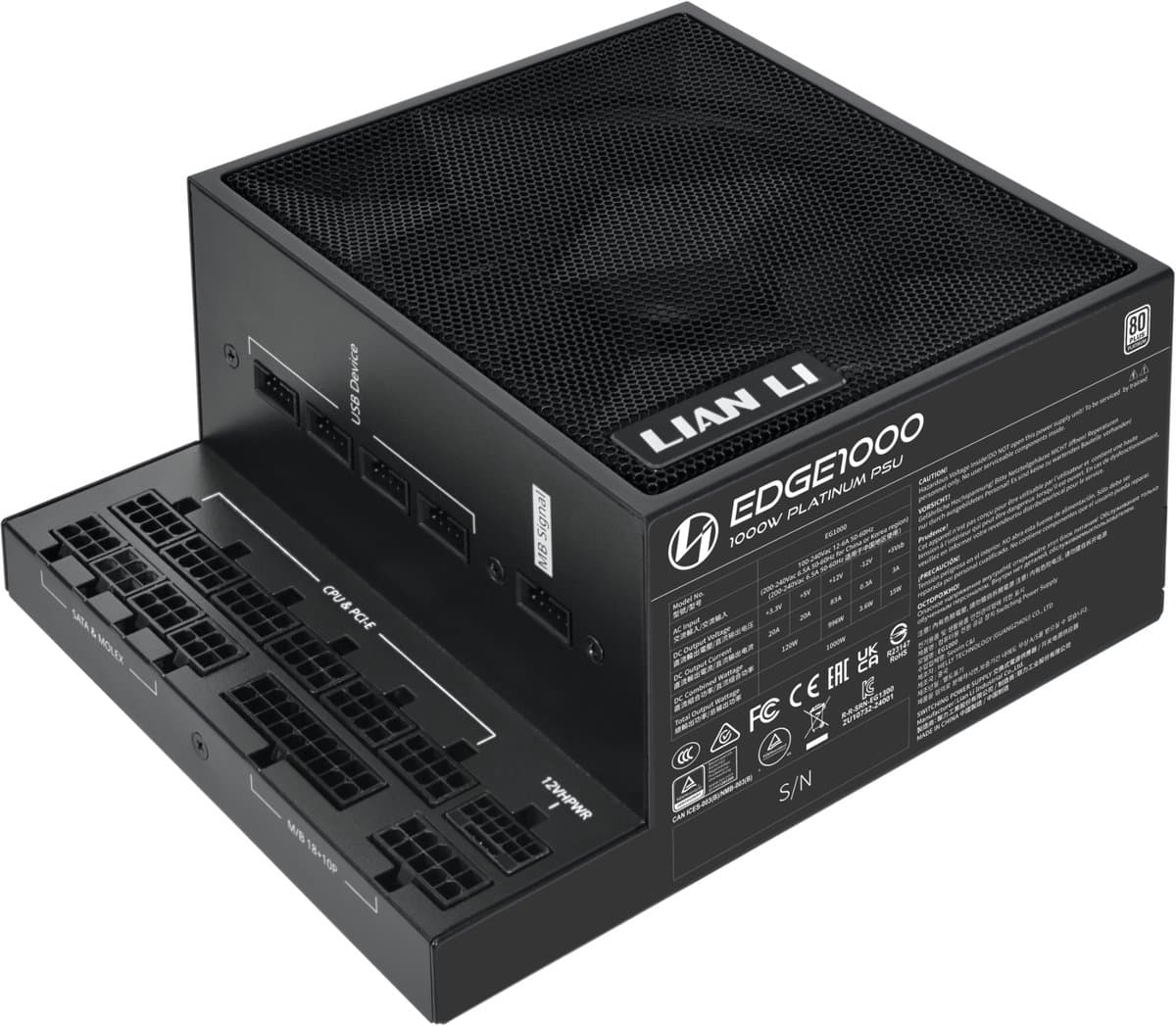 Lian Li EDGE 1000W Black - Voeding - ATX12V 3.0, ATX12V 3.1 - 80 PLUS Platinum - 1000 Watt - Modulair - 100-240V - Actieve PFC - PCIe 5.1 - 120mm FDB Fan - L-vormig - USB-Hub 4x USB 2.0 - zwart