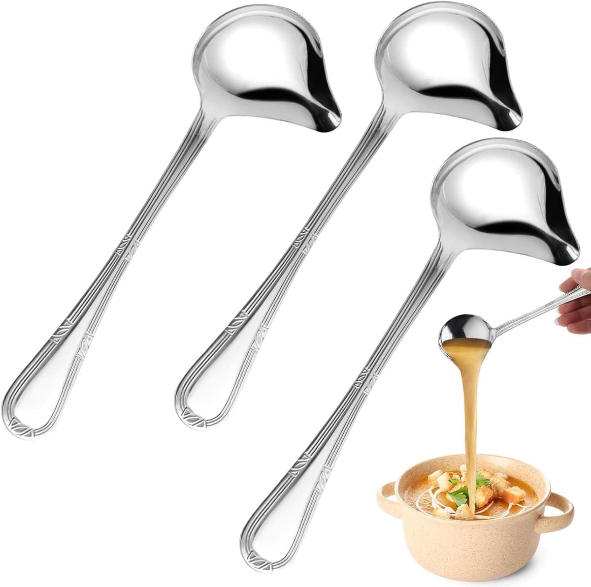 Set van 3 Kleine Soeplepels 20,5 cm met Schuin Tuit, Gepolijste Antislip Lepels voor Soepen, Sauzen en Dressings
