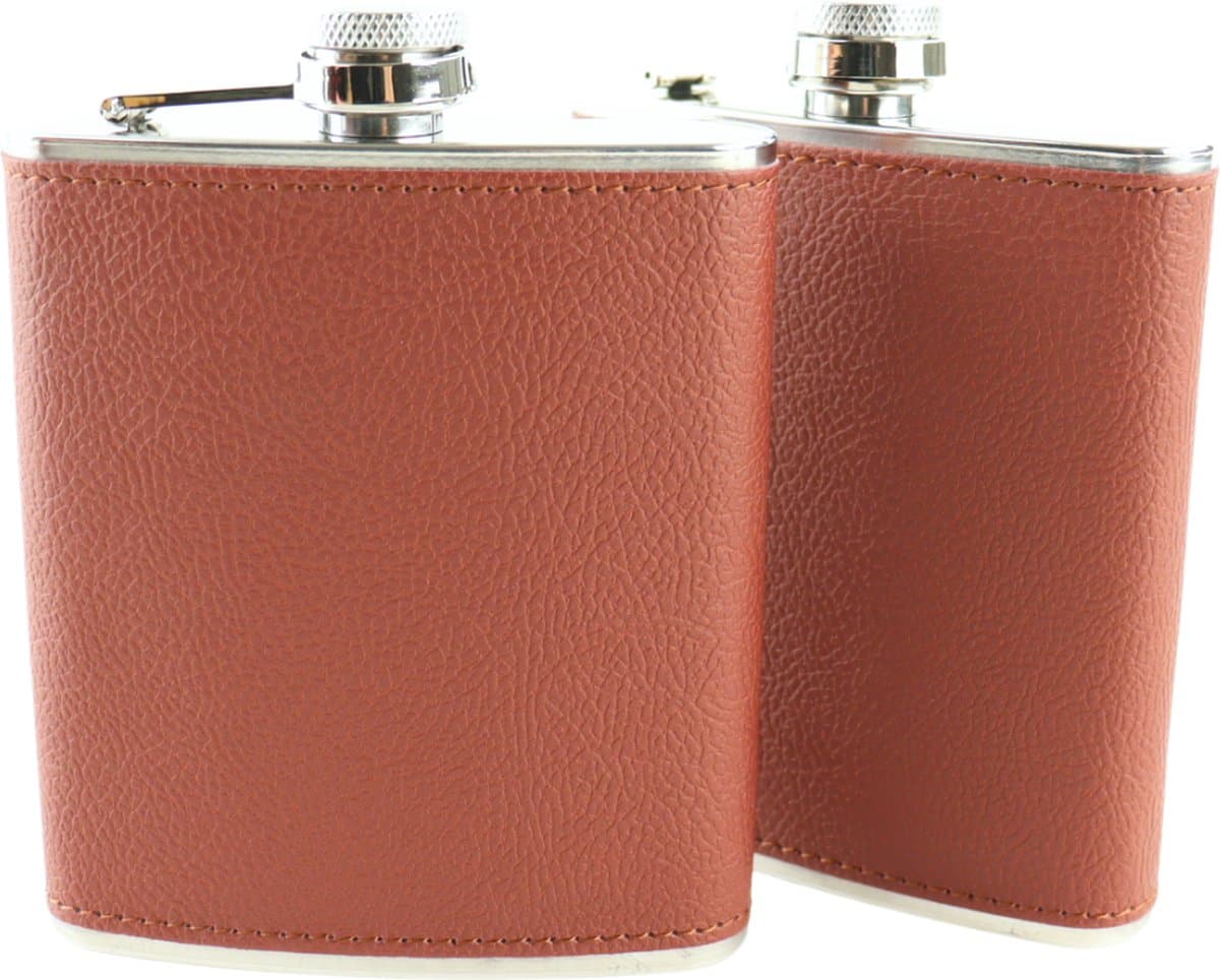 HIXA Heupfles - Bruin - 2 Stuks - Flacon - Veldfles - RVS - Drinkfles - Platvink - Leder - 200ml - BROWNY