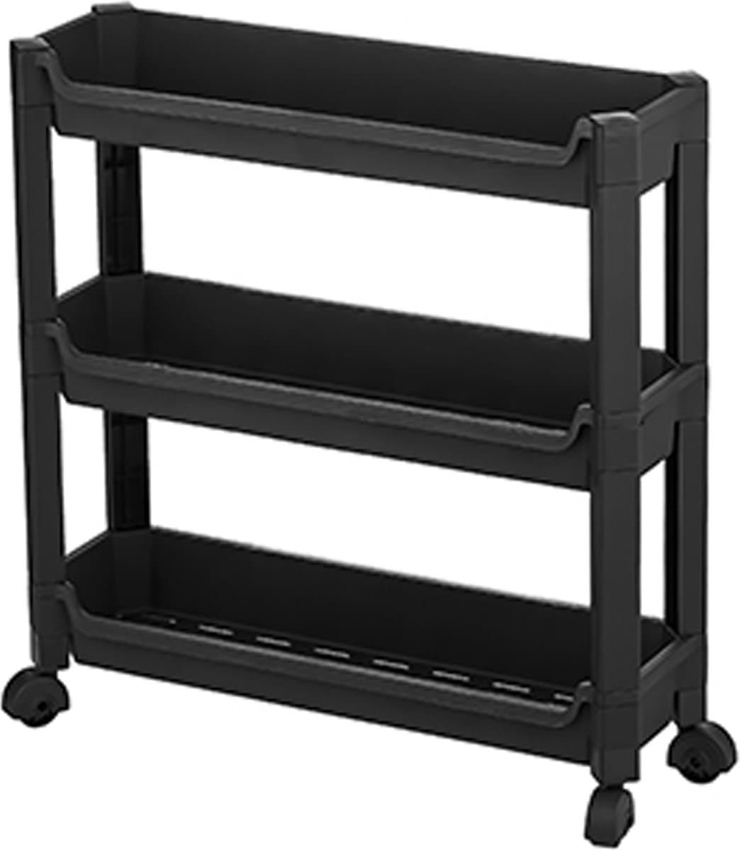 CM keukentrolley/badkamer trolley - op wieltjes - 3-laags - zwart - kunststof - 46 x 14 x 48 cm