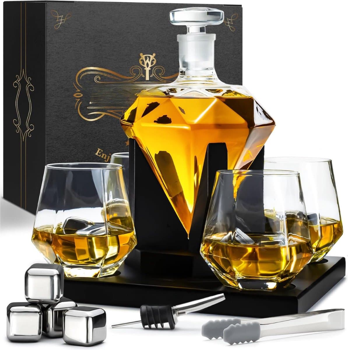 Whiskey Karaf Diamantvorm 1000ml Luxe Whiskey Set Decanteer Karaf met 4 Whiskey Glazen 300ml 4 Whiskey Stones & Extra Accessoires Perfect Cadeau Voor Mannen