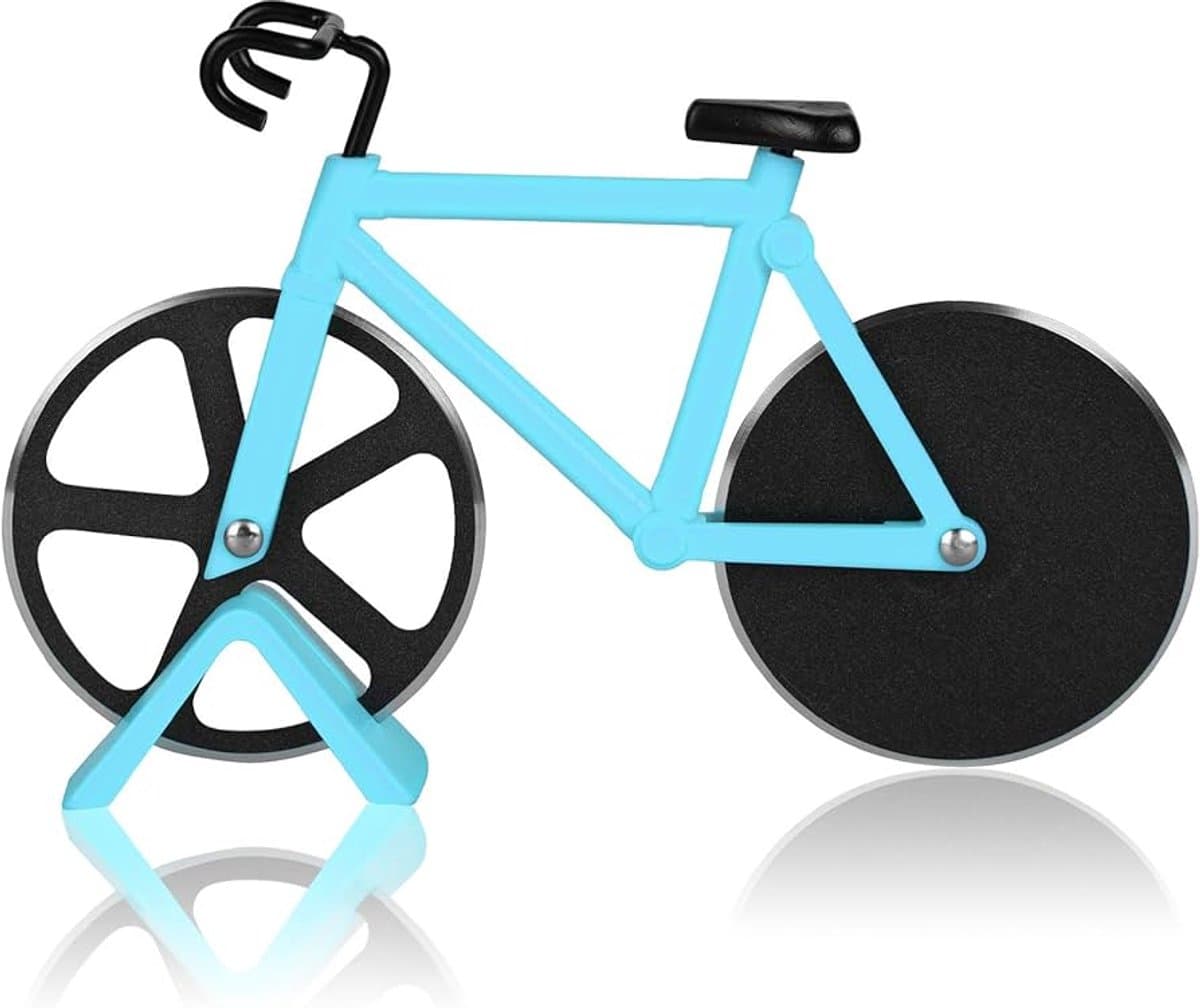 Pizzames fiets - Pizzasnijder - Pizza roller - Rolmes - Pizza snijden - Racefiets - Pizza knife bicycle - Kunststof en metaal - Inclusief standaard - Blauw - Jonyx
