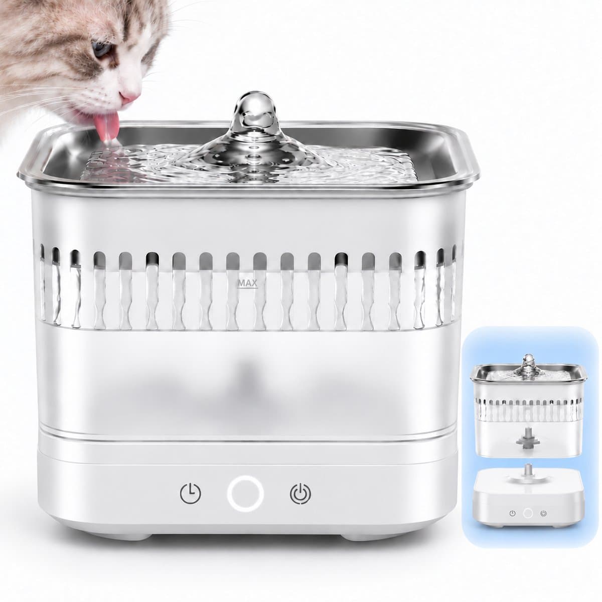 Draadloze Drinkfontein voor Katten en Kleine Honden – 2,5 L – Bewegingssensor – 3 Watermodi – 7200 mAh Accu – 304 RVS Drinkplateau – Stil tot 30 dB