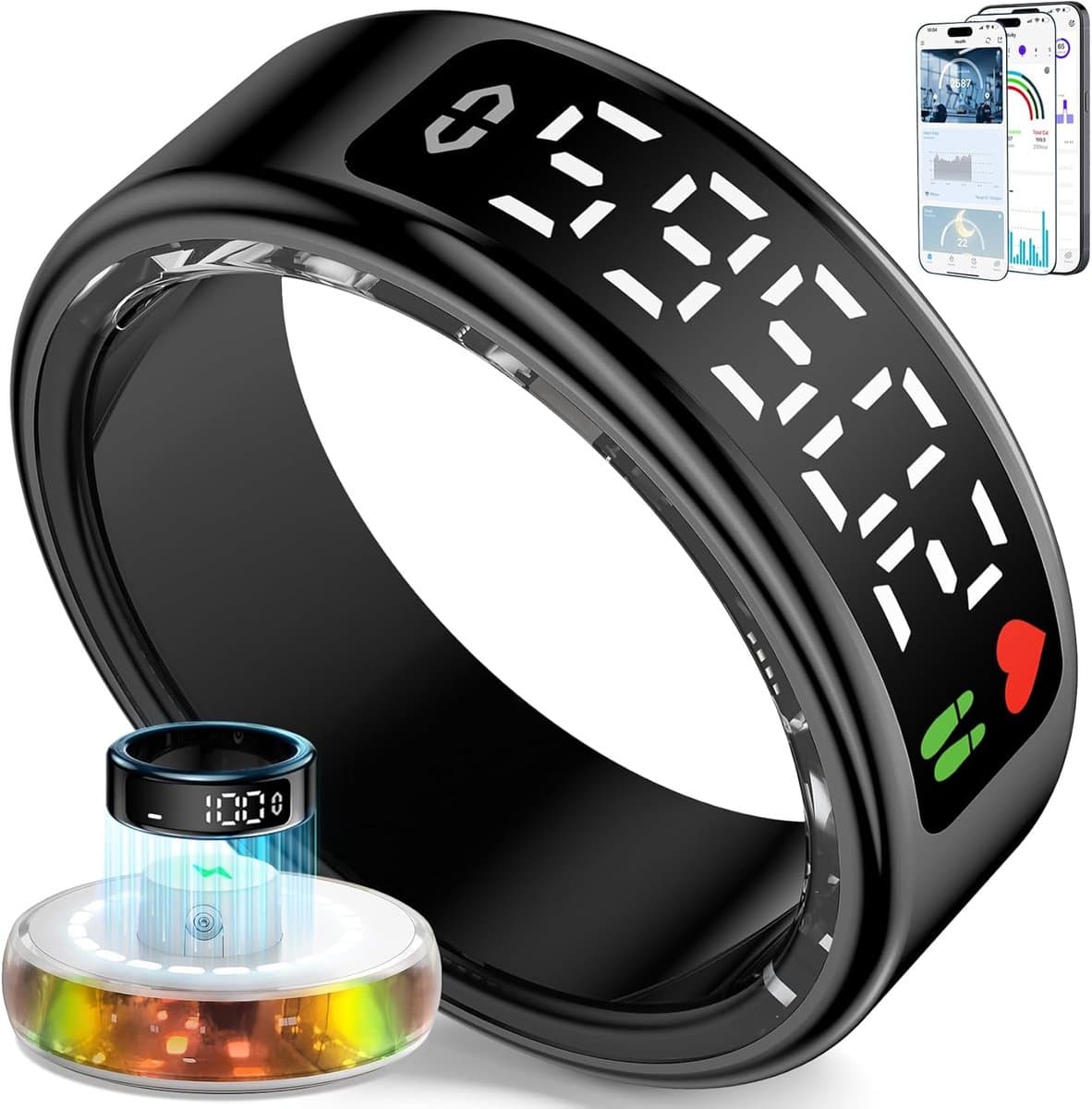 Ring voor Mannen en Vrouwen, 2026 Smart Ring met LED Scherm, IP68 waterdicht, Fitness Tracker voor het monitoren van de pulsmeter/SpO2/HRV, compatibel met iOS en Android (Zwart, 12)