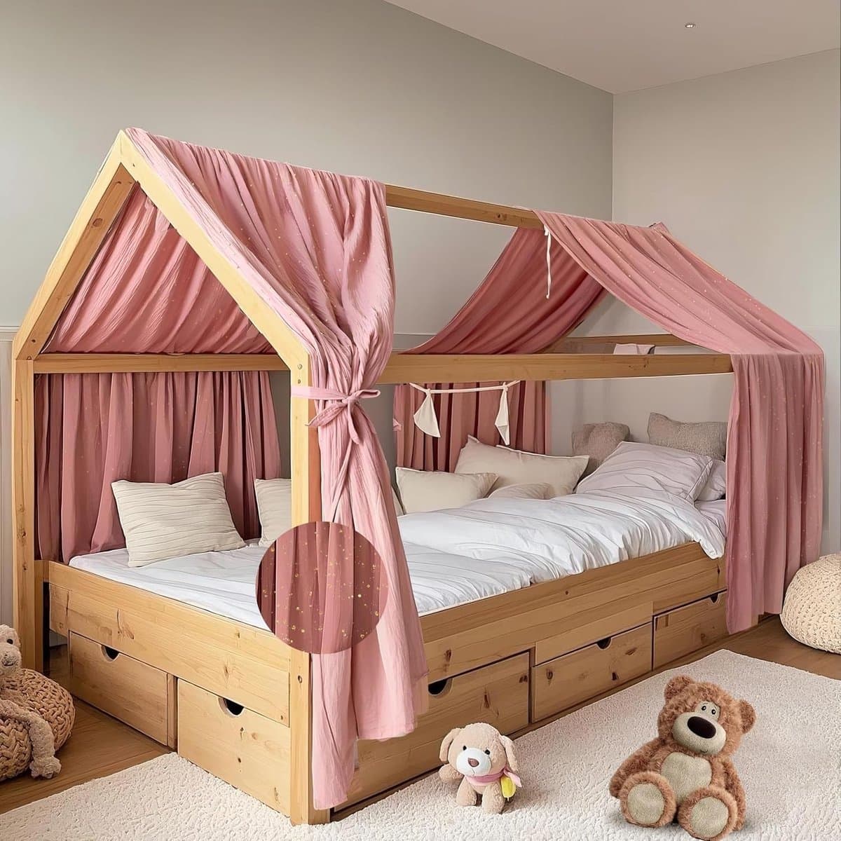 Handgemaakte Bedluifel van 100% Katoen Muslin, Set van 2, Perfect voor Kinderbeddecoratie in Zacht Roze, 65 x 270 cm, Ideaal voor Meisjes en Jongens
