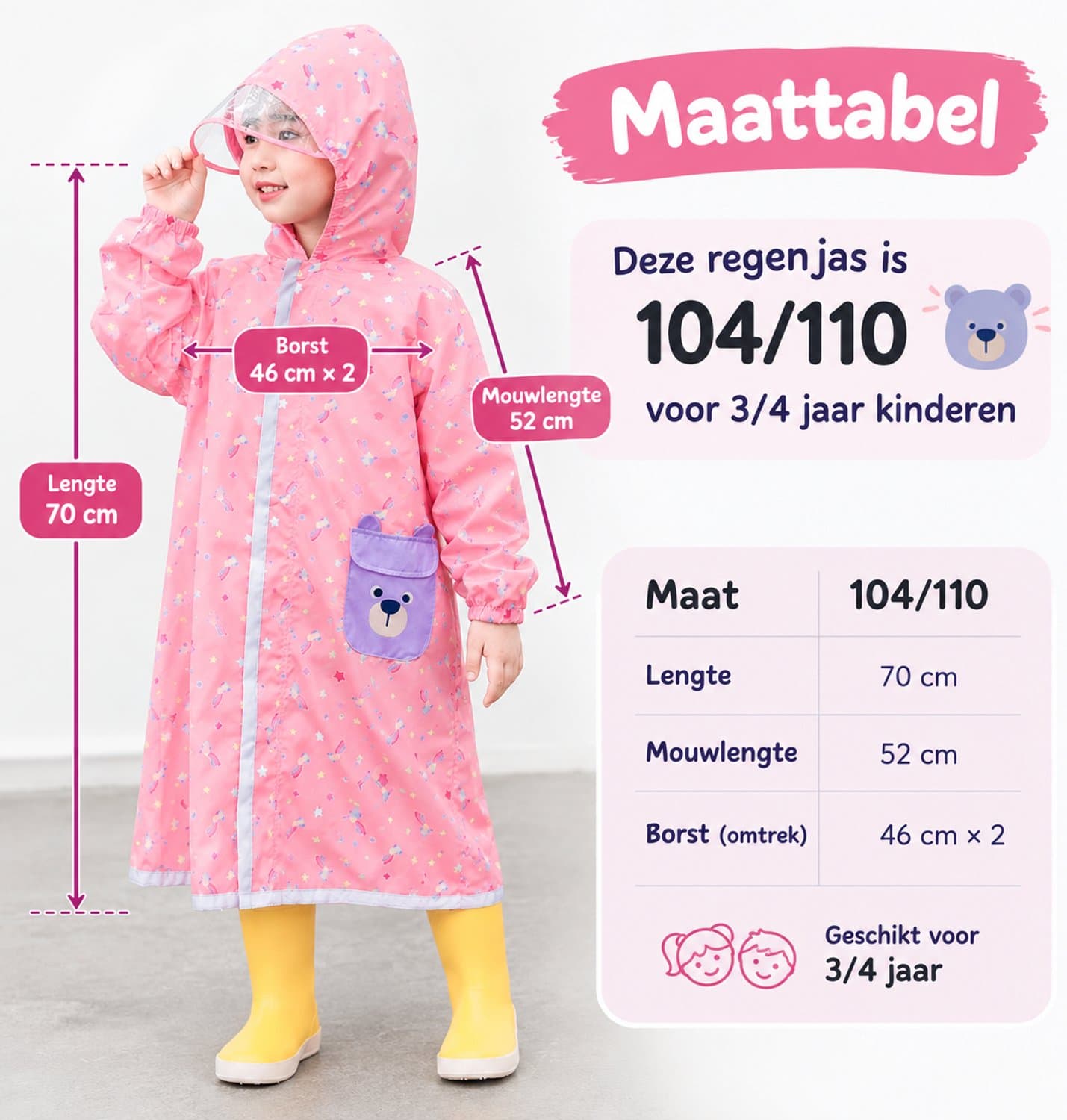 Kinder Regenjas met Capuchon – Opvouwbare Waterproof Regenjas met Opbergzak – Lichtgewicht Regenjas voor School & Reizen – Maat 100-110 M