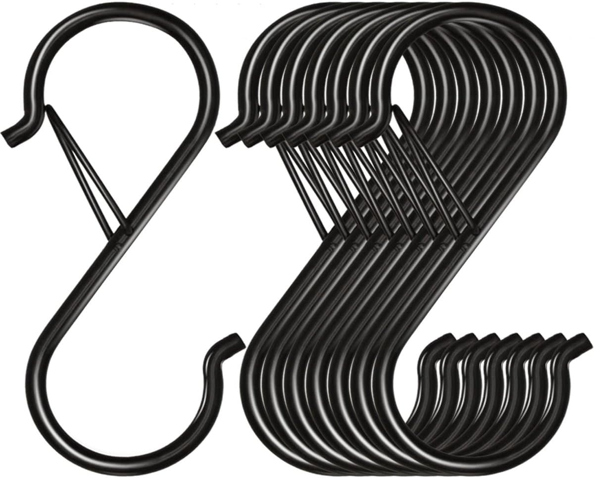 8-delige set S-haken – Robuuste metalen S-haken (met veiligheidssluiting) – Geschikt voor het ophangen van pannen, kleding, keukengerei, planten, tassen, enz. (Zwart) – 9,3 x 3,5 cm