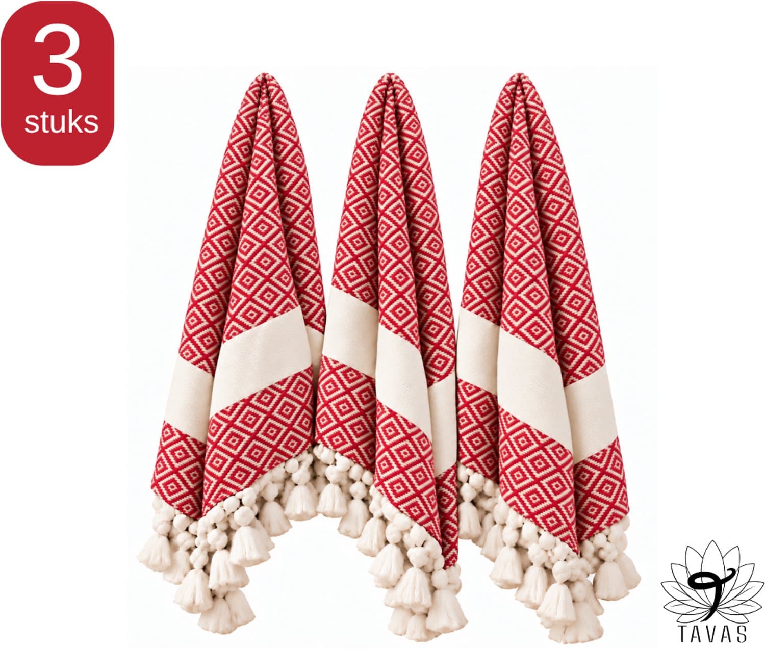 TAVAS Theedoeken & Keukendoeken Set – 3 x 50x90cm – Rood - 100% Katoen – Wafelstructuur – Sneldrogend – Zachte Handdoeken voor Keuken