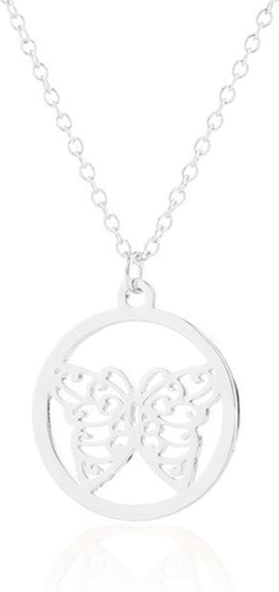 24/7 Jewelry Collection Vlinder Ketting - Cirkel - Zilverkleurig