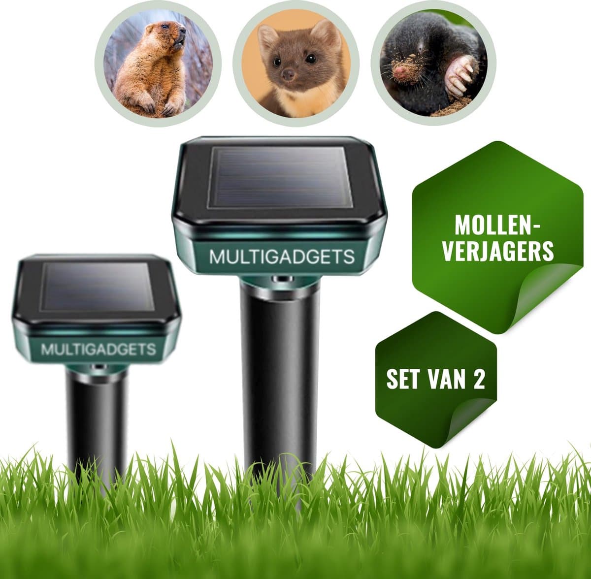 Multigadgets® Mollenverjager op Zonne Energie - Ongedierte Verjager met Ultrasone - Muizenverjager & Marterverjager - 2 Stuks
