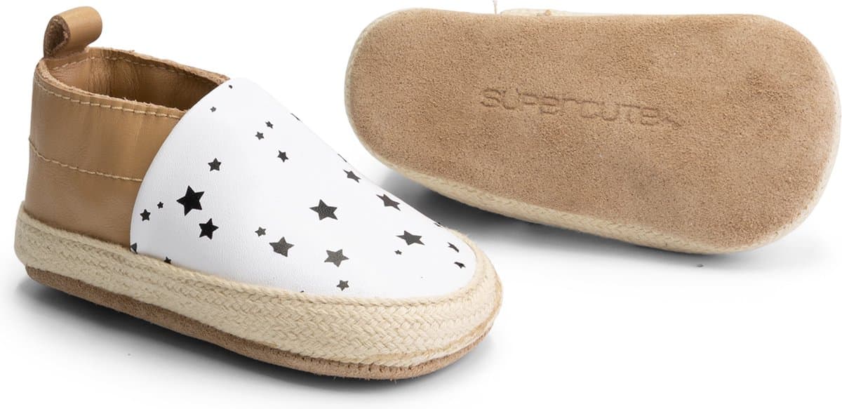 Supercute Espadrilles leer bruin wit met zwarte sterretjes 6 tot 12 maanden maat 19/21